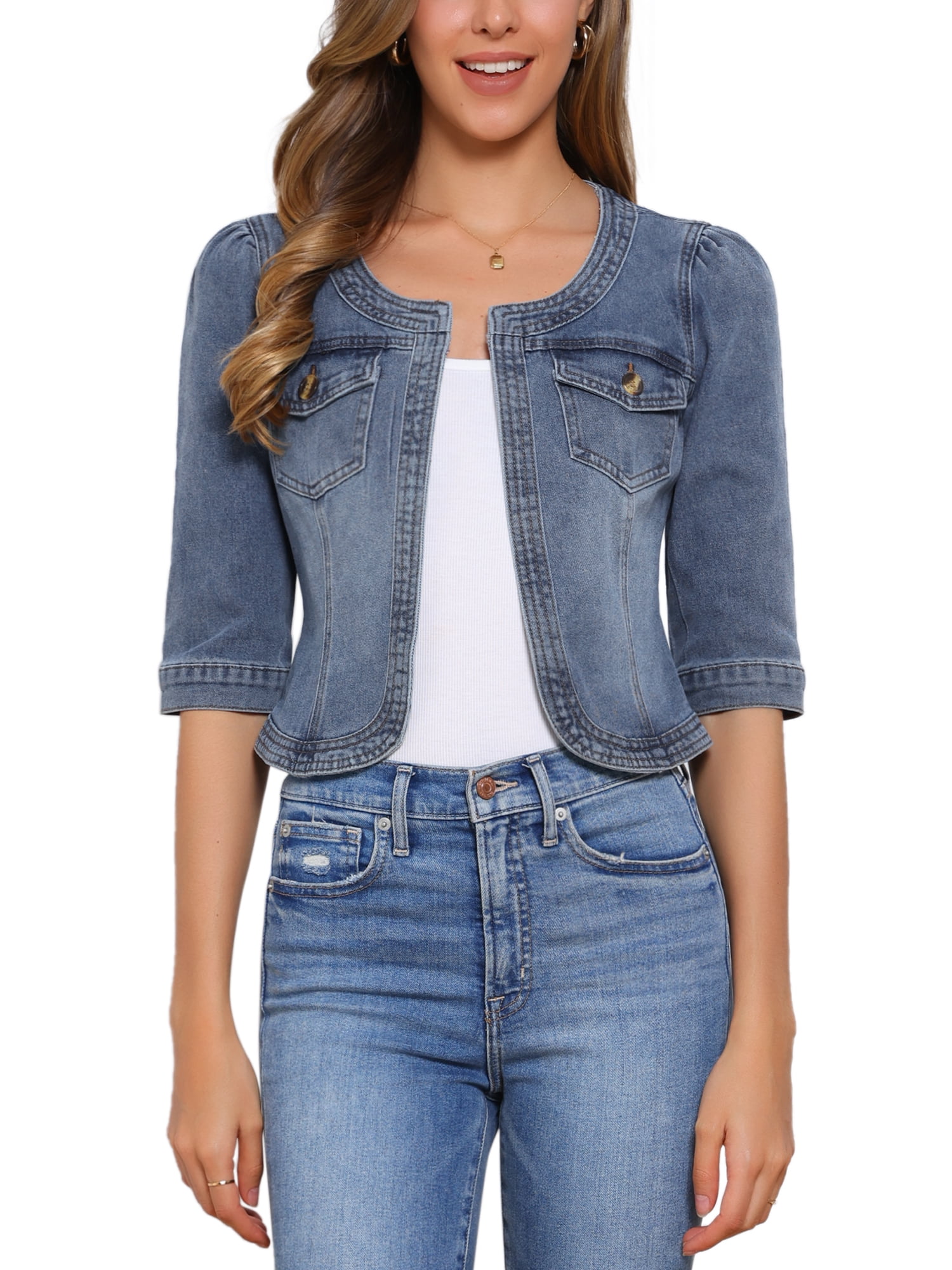 INSPIRE CHIC Women's Round Neck Collarless 3/4 Sleeves Crop Denim ...