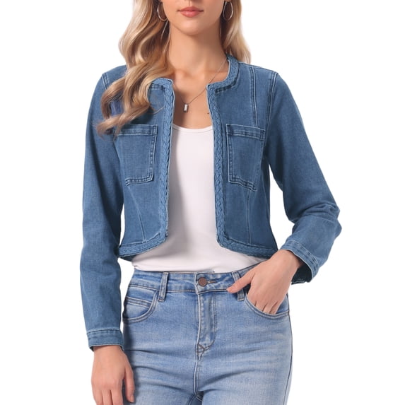 INSPIRE CHIC Denim Jacket for Women's Collarless Open Front Crop Jean Jackets Coat M Blue