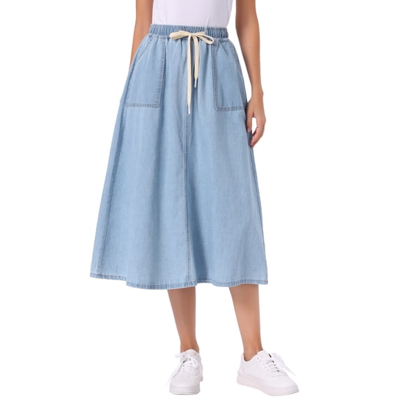 INSPIRE CHIC Denim Maxi Skirt for Women Back to School Elastic Waist Casual A Line Long Jean Skirts M Light Blue