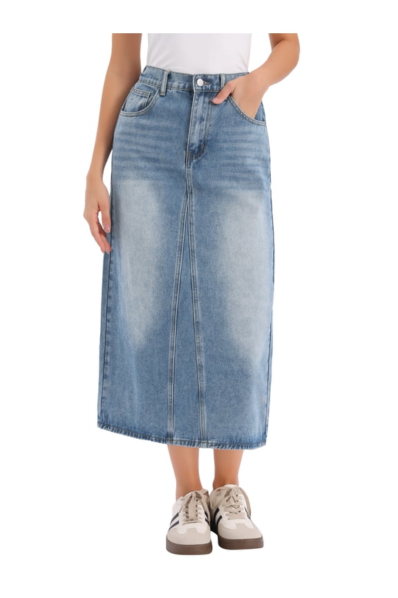 Denim Maxi Skirt for Womens Elasticated Waist Washed A Line Long Jean Skirt S Blue