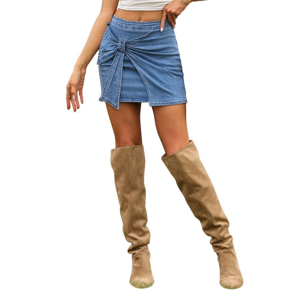 FAB CURVES Denim Mini Skirt for Women Wrap Front Bow Stretchy Bodycon Jean Skirts M Blue