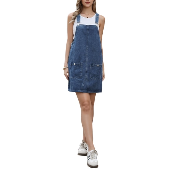 INSPIRE CHIC Denim Overall Dress for Women's Casual Summer Loose Romper Sleeveless Jean Mini Dress L Blue