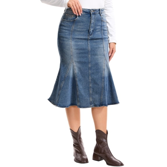 INSPIRE CHIC Denim Skirt for Women Casual Washed High Waisted Fishtail Midi Jean Skirts S Gray Blue