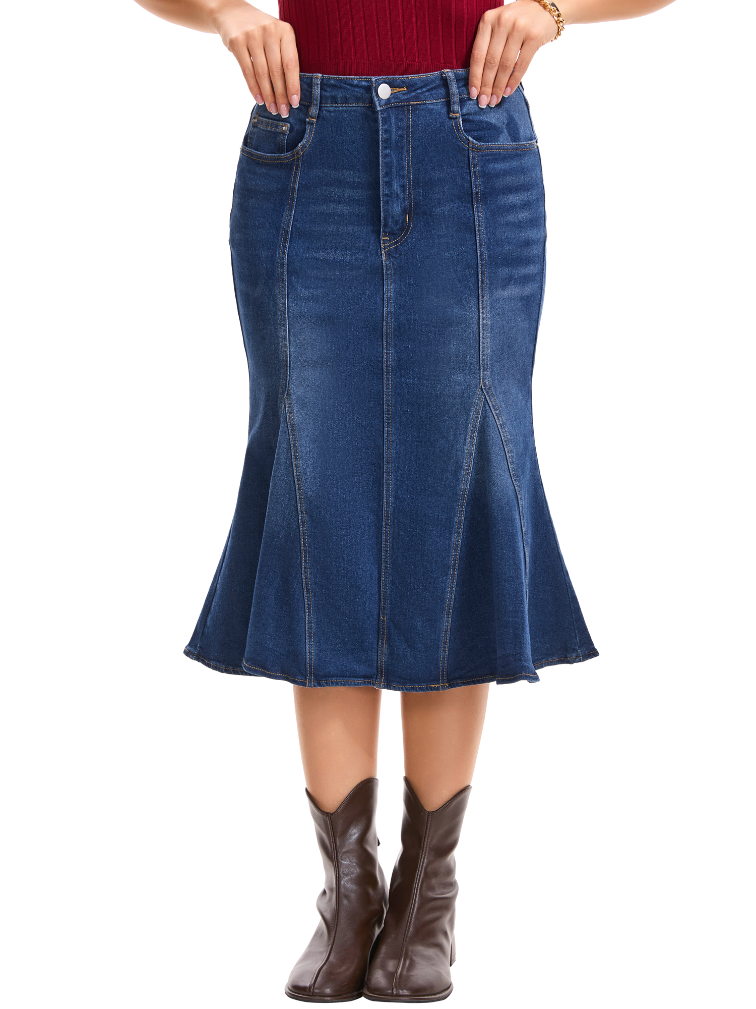 INSPIRE CHIC Denim Skirt for Women Casual Washed High Waisted Fishtail Midi Jean Skirts XL Deep Blue