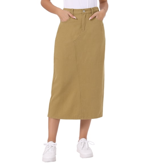 INSPIRE CHIC Denim Skirt for Women Elastic Waist Split Back Pockets Maxi Length Long Jean Skirts L Khaki