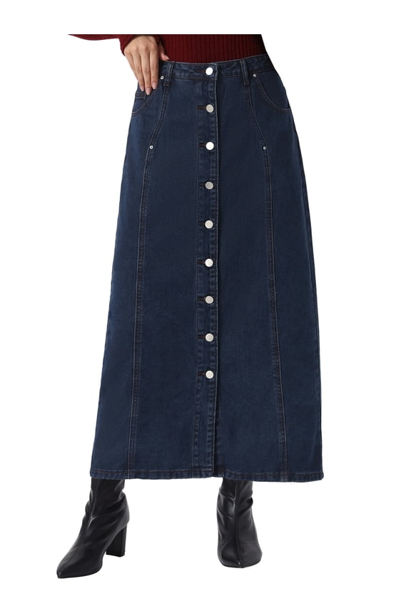 Denim Skirt for Women Midi Length Button Down H Line Long Jean Skirts L Deep Blue