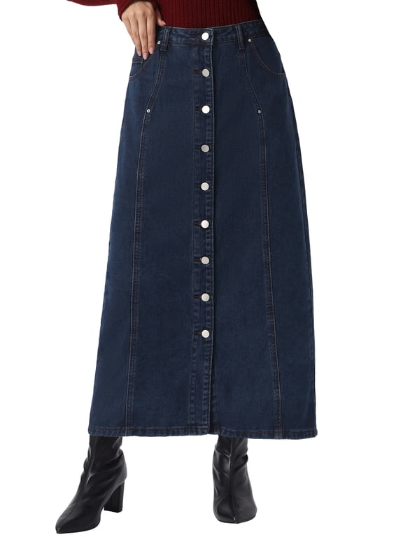 Denim Skirt for Women Midi Length Button Down H Line Long Jean Skirts L Dark Blue