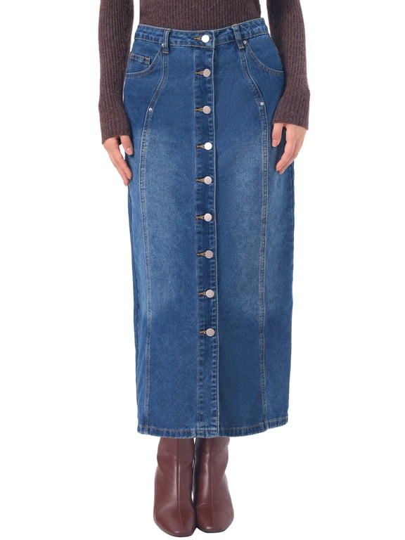 Denim Skirt for Women Midi Length Button Down H Line Long Jean Skirts S Blue
