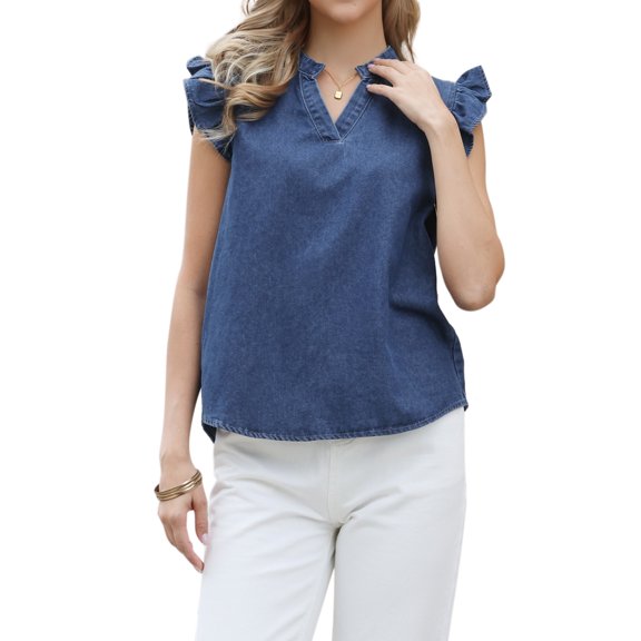 INSPIRE CHIC Denim Tank Top for Women's Cute Ruffled Sleeve Collared V Neck Casual Jean Blouse XS Blue