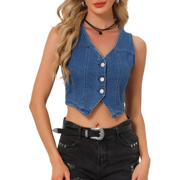 INSPIRE CHIC Denim Vest Top for Women Sleeveless V Neck Button Down Cropped Jean Waistcoat S Blue