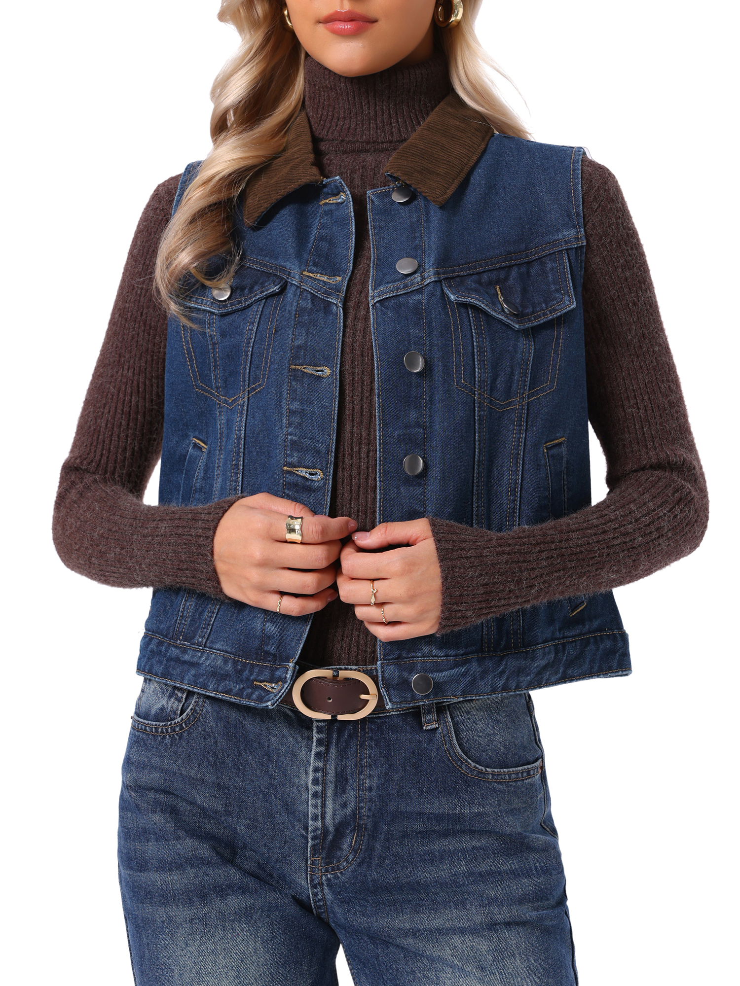 INSPIRE CHIC Denim Vest for Women Corduroy Collar Button Down Casual Sleeveless Jean Jacket L Dark Blue