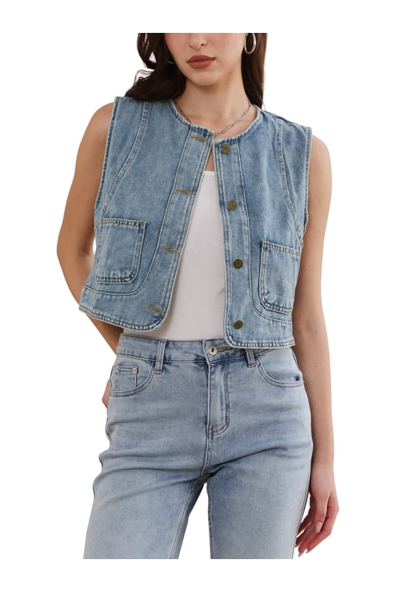 Denim Vest for Women Sleeveless Crew Neck Button Down Western Jean Waistcoat Jacket M Retro Blue