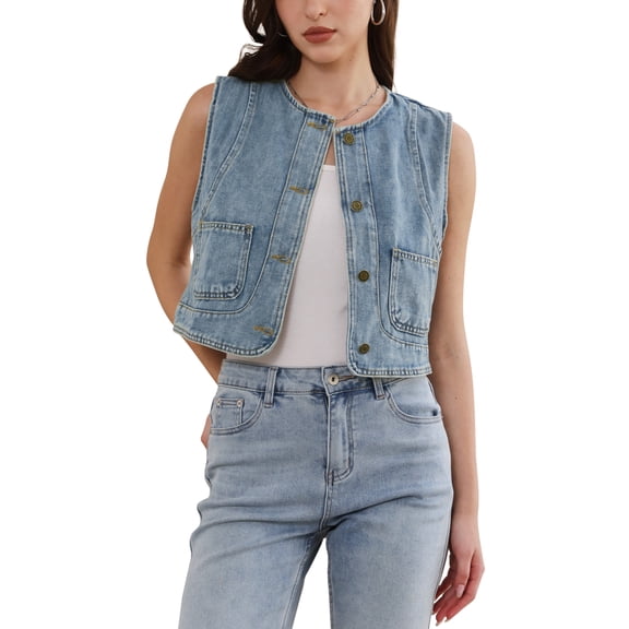 INSPIRE CHIC Denim Vest for Women Sleeveless Crew Neck Button Down Western Jean Waistcoat Jacket S Retro Blue