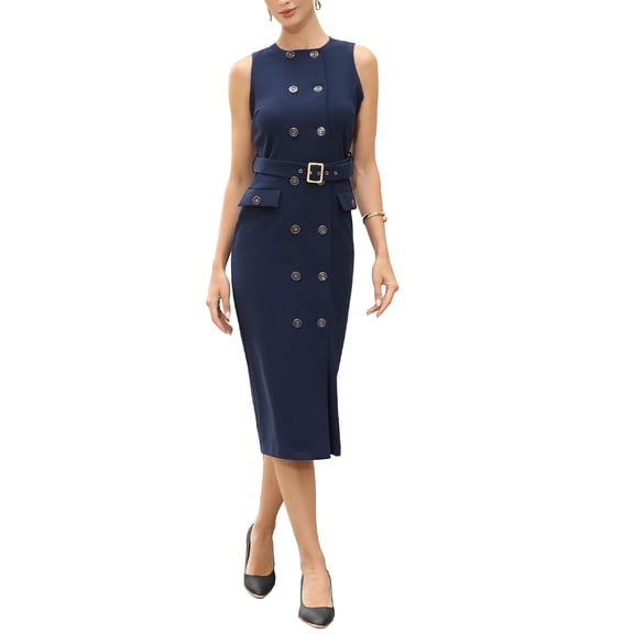 INSPIRE CHIC Double Breasted Work Dress for Women's Sleeveless Business Crewneck Formal Belted Pencil Dress L Dark Blue