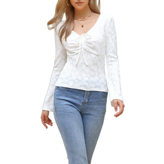 INSPIRE CHIC Drawstring Ruched Top for Women's Floral Printed V Neck Long Sleeve Slim Fit Shirt L White