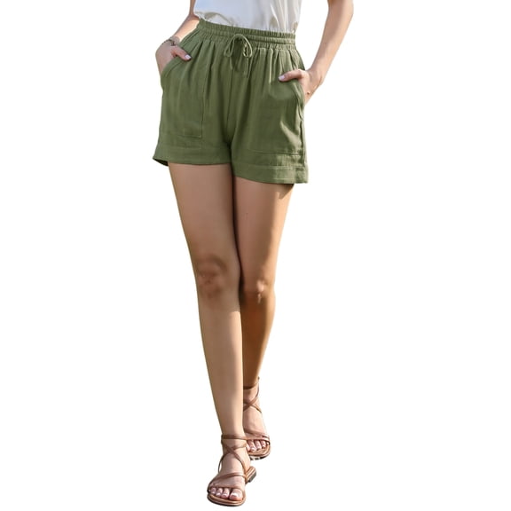 INSPIRE CHIC Drawstring Shorts for Women's Elastic Waist Wide Leg Casual Shorts with Pockets L Olive Green