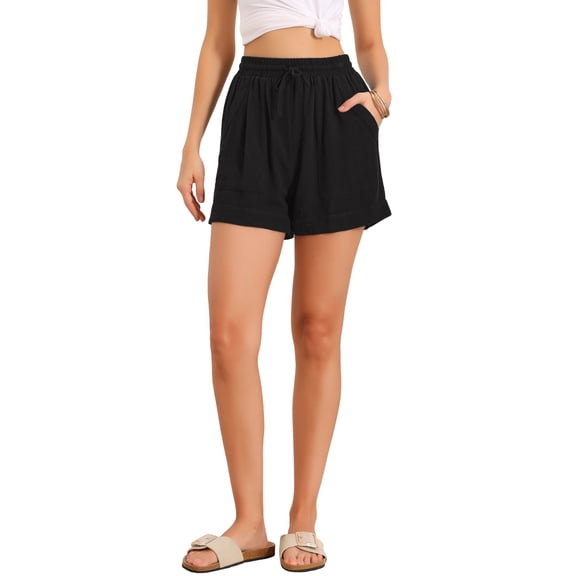 INSPIRE CHIC Drawstring Shorts for Women's Elastic Waist Wide Leg Casual Shorts with Pockets M Black