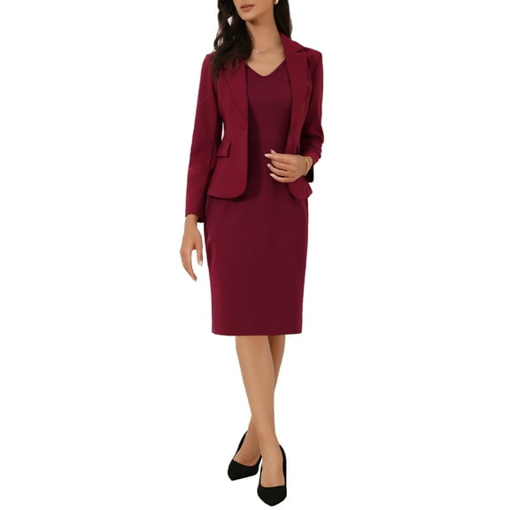 INSPIRE CHIC Dress Suit Sets for Women's Business 2pc Outfit V Neck Solid Work Blazer Dresses L Dark Red