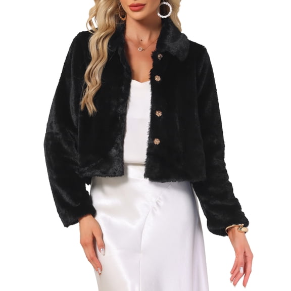 INSPIRE CHIC Dressy Faux Fur Coat for Women's Cropped Snap Button Winter Wedding Fluffy Jackets L Black