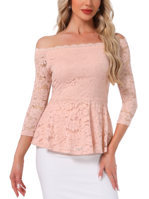 Edition Women's Floral Lace Blouse Off Shoulder Sheer 3/4 Sleeve Peplum Top M Grey Pink