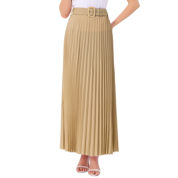 INSPIRE CHIC Women's Pleated Skirt Elastic High Waist Belted Flowy A-Line Maxi Skirt 2XL Khaki