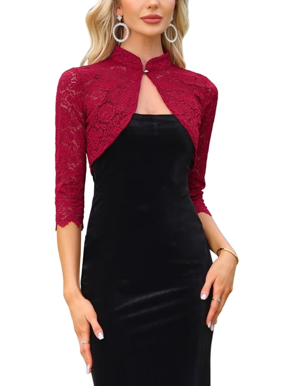 Elegant Lace Bolero Shrug for Women Halloween 3/4 Sleeve Sheer Floral Lace Cardigan Top 2XL Dark Red