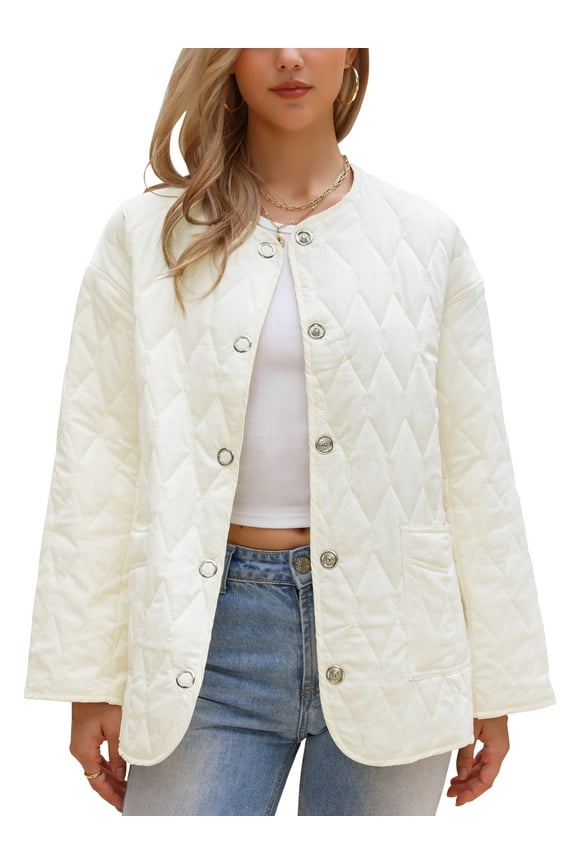 Elegant Puffer Jacket for Women's Long Sleeve Snap Button Quilted Down Jackets L White