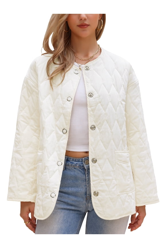 Elegant Puffer Jacket for Women's Long Sleeve Snap Button Quilted Down Jackets XL White