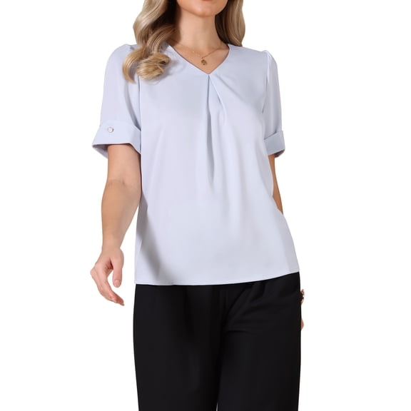 INSPIRE CHIC Elegant Satin Blouse for Women Dressy Casual V Neck Short Sleeve Business Work Shirt M Light Blue