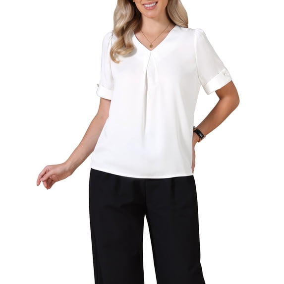 INSPIRE CHIC Elegant Satin Blouse for Women Dressy Casual V Neck Short Sleeve Business Work Shirt S White