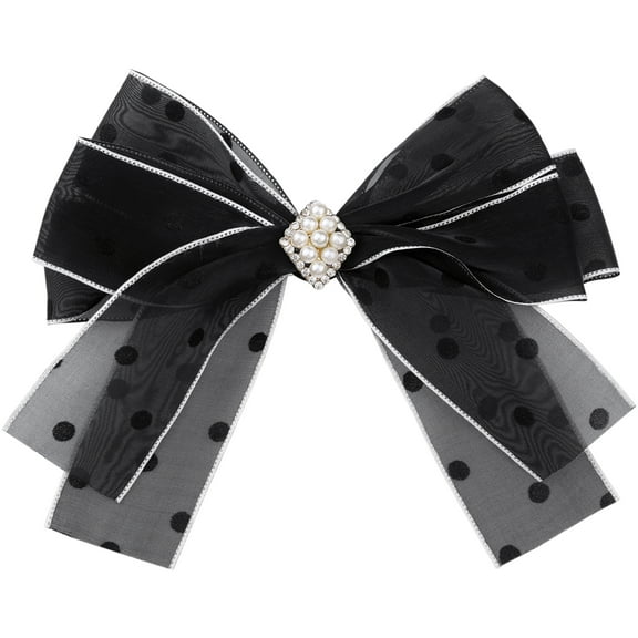 INSPIRE CHIC Elegant Womens Brooch Clip Bow Mesh Polka Dot Bow Tie with Beads for Special Occasions Black