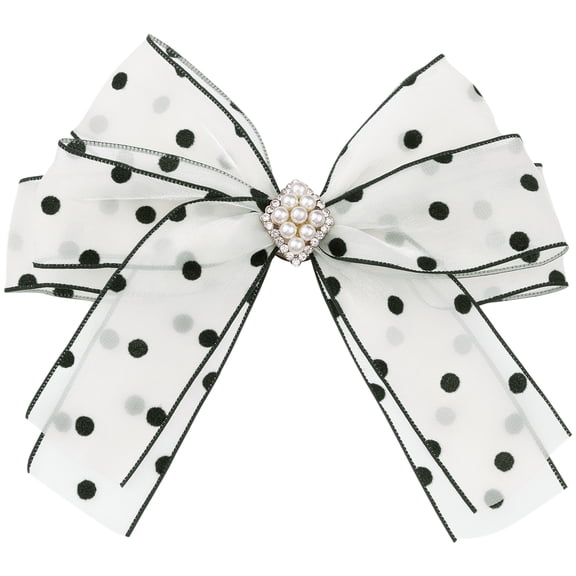 INSPIRE CHIC Elegant Womens Brooch Clip Bow Mesh Polka Dot Bow Tie with Beads for Special Occasions White