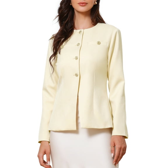 INSPIRE CHIC Elegant Work Blazer for Women's Collarless Button Down Long Sleeve Peplum Jackets XS Beige