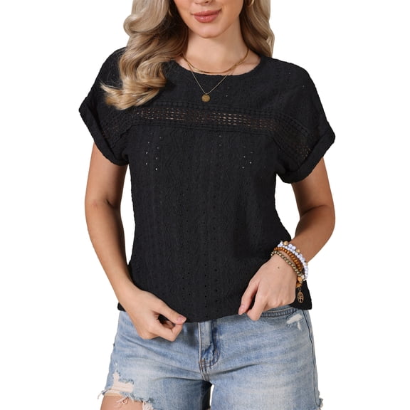 INSPIRE CHIC Eyelet Tops for Women's Short Sleeve Hollow Out Summer Dressy Casual Top M Black