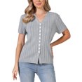 thumbnail image 1 of INSPIRE CHIC Eyelet Tops for Women's Summer V Neck Short Sleeve Knit Button Down Shirts L Gray, 1 of 6