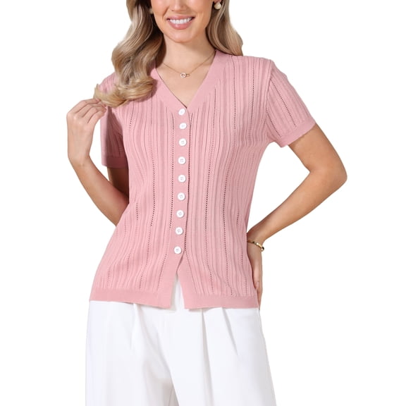 INSPIRE CHIC Eyelet Tops for Women's Summer V Neck Short Sleeve Knit Button Down Shirts S Pink