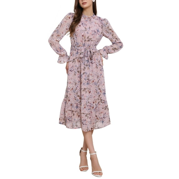 INSPIRE CHIC Easter Women's Dress Floral Mock Neck Ruffle Long Sleeve Flowy Chiffon A-Line Midi Dresses M Pink