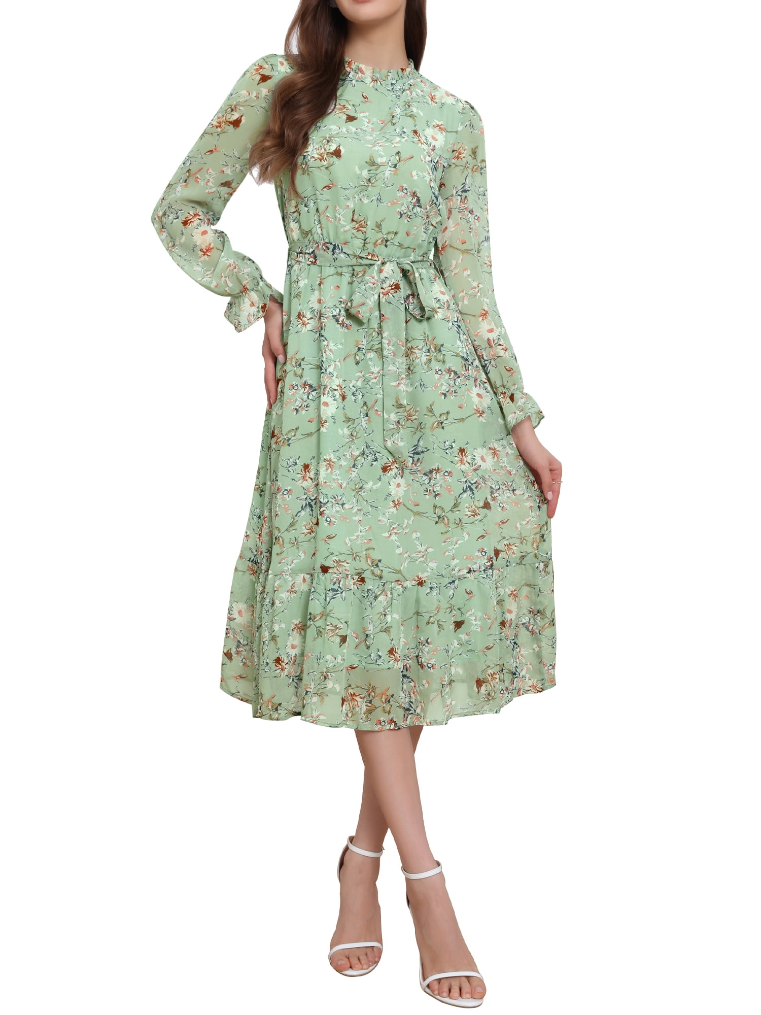 Inspire Chic Women's Dress Floral Mock Neck Ruffle Long Sleeve Flowy Chiffon A-Line Midi Dresses Grey Green S, Size: Small