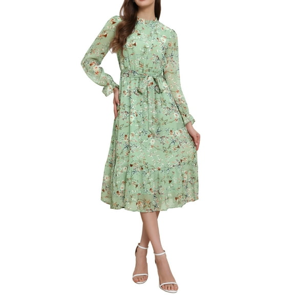 INSPIRE CHIC Women's Dress Floral Mock Neck Ruffle Long Sleeve Flowy Chiffon A-Line Midi Dresses S Grey Green