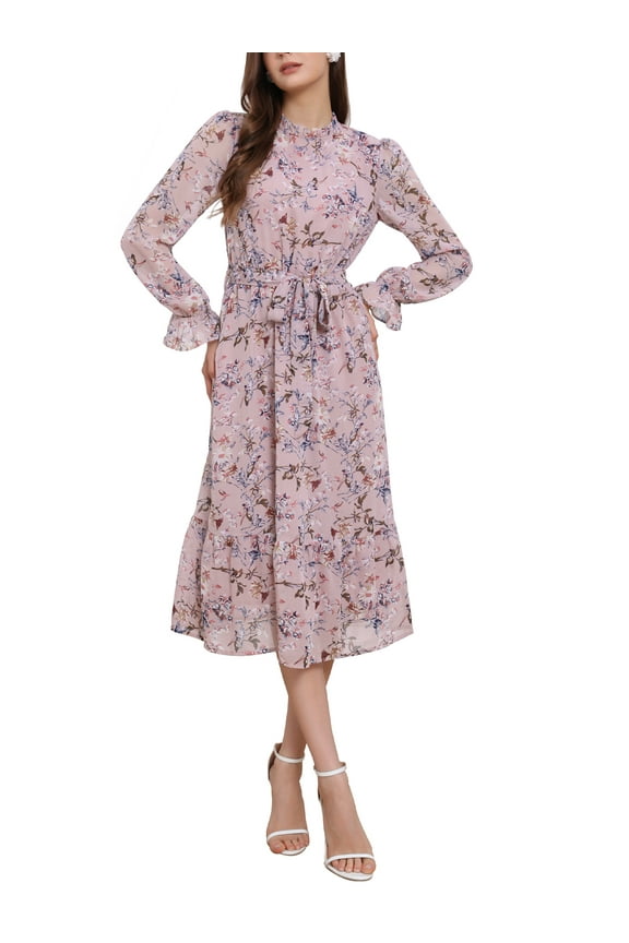 Women's Dress Floral Mock Neck Ruffle Long Sleeve Flowy Chiffon A-Line Midi Dresses XL Pink