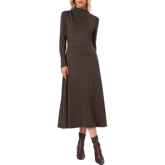 INSPIRE CHIC Fall Ribbed Knit Dresses for Women Mock Neck Casual Long Sleeve Maxi Dress M Coffee