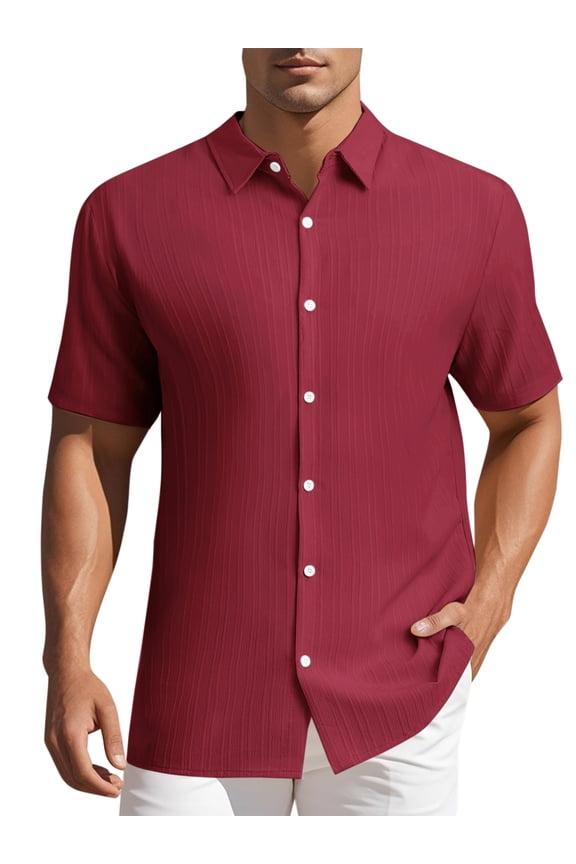 Men's Shirts Short Sleeve Button Down Beach Summer Point Collar Shirt L Burgundy