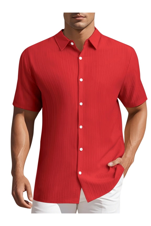 Men's Shirts Short Sleeve Button Down Beach Summer Point Collar Shirt M Bright Red