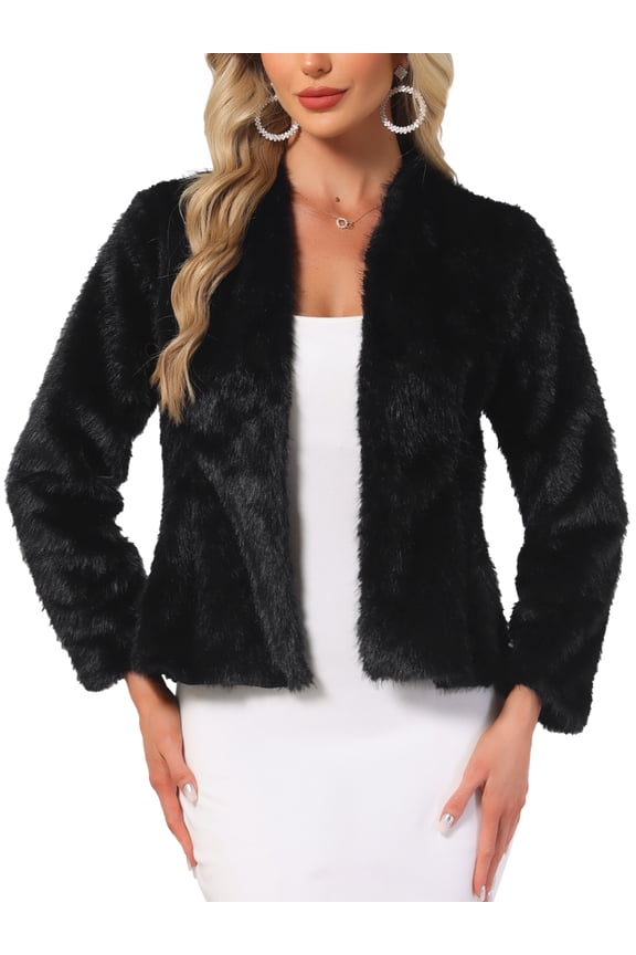 Faux Fur Cropped Jacket for Women Casual Long Sleeve Winter Coat Shaggy Warm Outerwear M Black