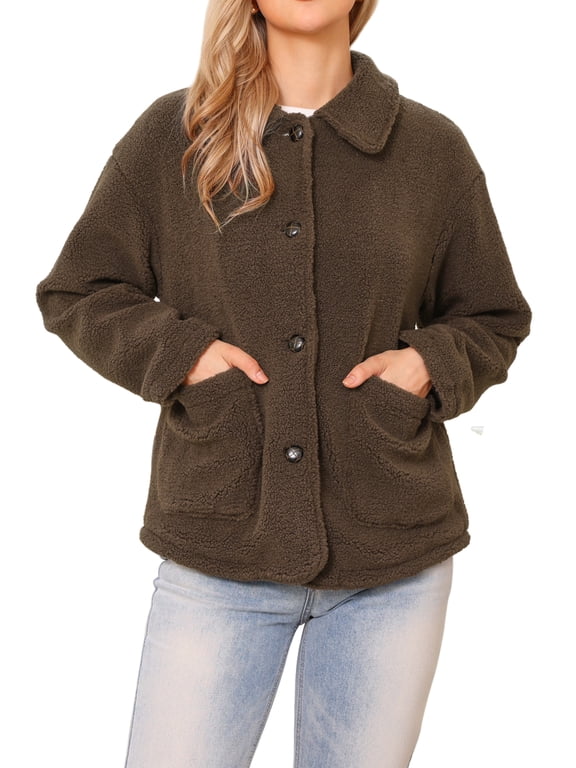 Faux Fur Jacket for Women's Peter Pan Collar Button Down Winter Warm Fuzzy Coat L Brown