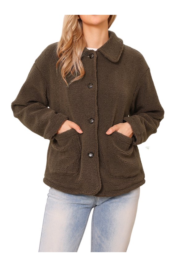 Faux Fur Jacket for Women's Peter Pan Collar Button Down Winter Warm Fuzzy Coat XL Brown