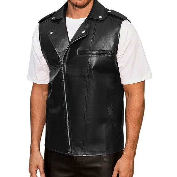 INSPIRE CHIC Faux Leather Vest for Men's Motorcycle Biker Sleeveless Jacket Zipper Riding PU Vest L Black