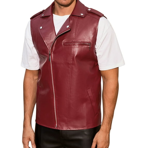 INSPIRE CHIC Faux Leather Vest for Men's Motorcycle Biker Sleeveless Jacket Zipper Riding PU Vest M Burgundy