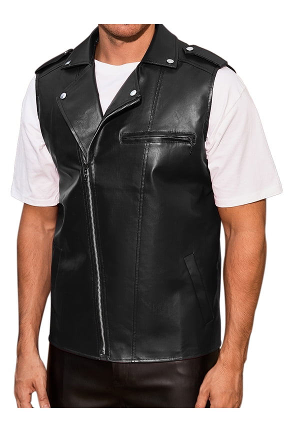 Faux Leather Vest for Men's Motorcycle Biker Sleeveless Jacket Zipper Riding PU Vest XL Black