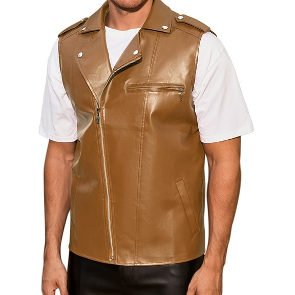 INSPIRE CHIC Faux Leather Vest for Men's Motorcycle Biker Sleeveless Jacket Zipper Riding PU Vest XL Brown